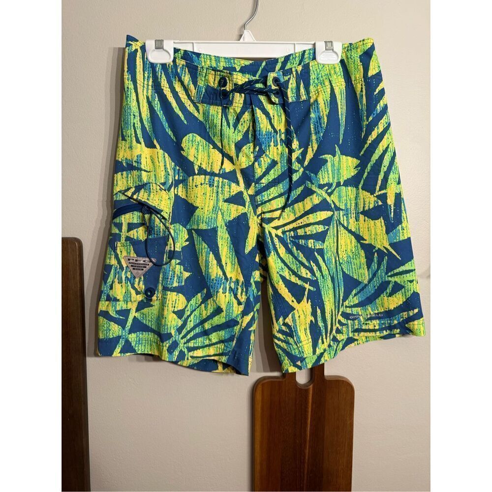 Columbia PFG Mens Blue Yellow Tropical Print Swim Trunks Size 32